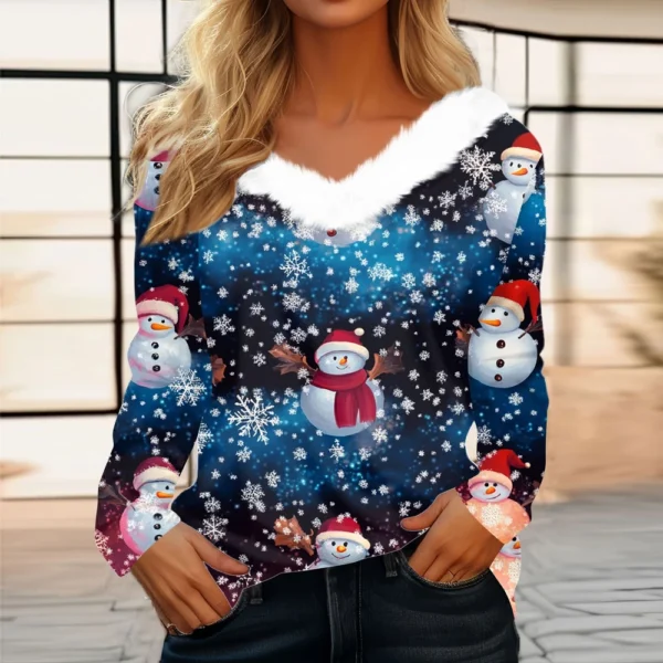 Women's V Neck Party Fleece Collar Top Shirt Christmas Long Sleeve T Shirt - Image 16