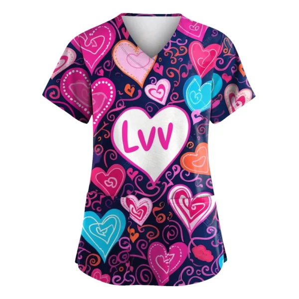Women's Valentine's Day Printed  Uniform Work Uniform V-Neck Pocket Protective - Image 37