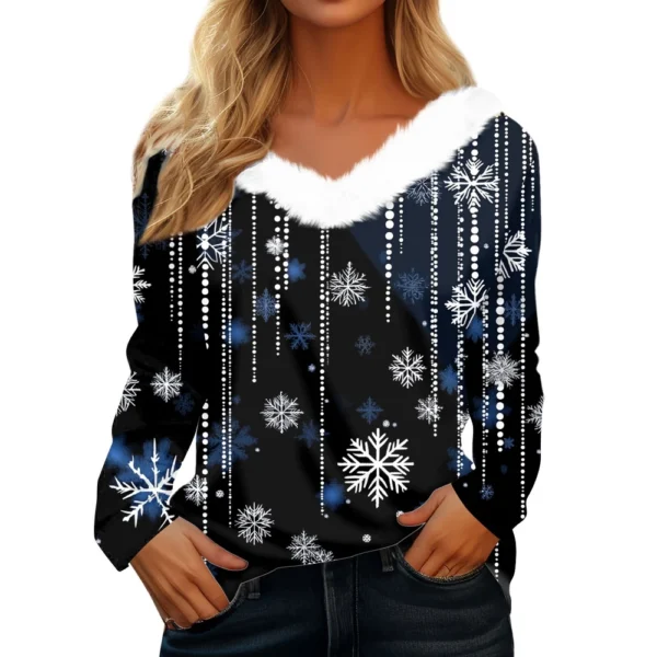Women's Long Sleeve Christmas Printed Party Plush Neck Wide Casual V-Neck Top - Image 17