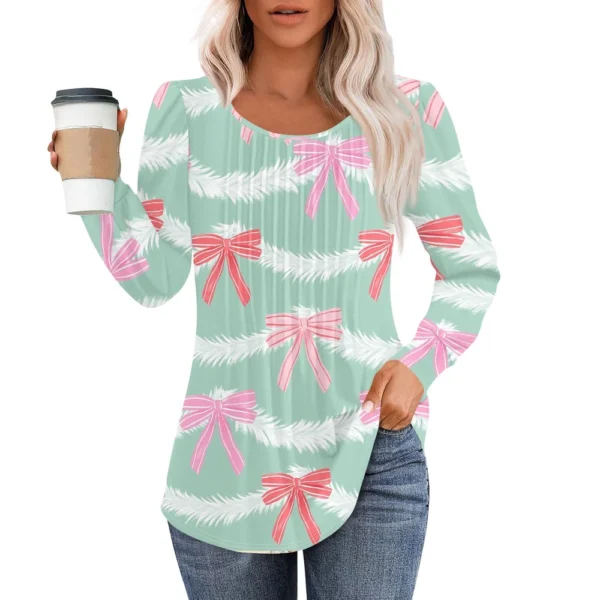 Women's Pleated Casual T-Shirt Round Neck Christmas Printed Long Sleeved Top - Image 28