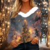 Women's Shirt V Neck Christmas Top Long Sleeve Party Fleece Collar T Shirt - Image 31
