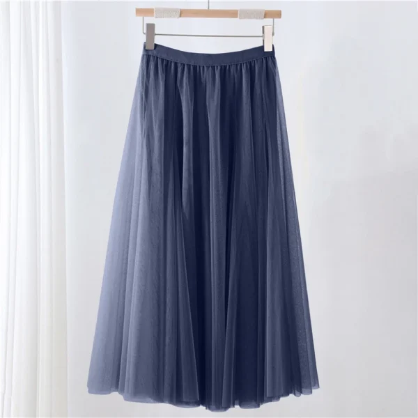 Women's Solid Color Mesh Skirt With Elastic Band Large Swing Mid Length Skirt - Image 37