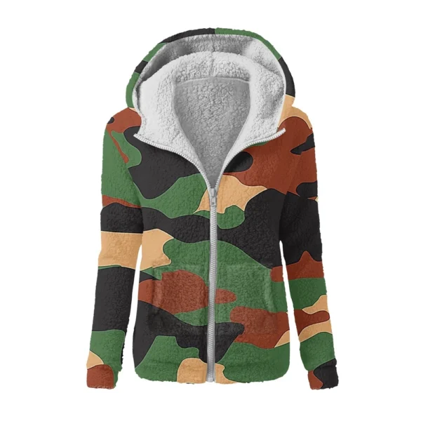 Women's Winter Camouflage Print Casual Fashion Plush Hooded Zipper Sweater - Image 35