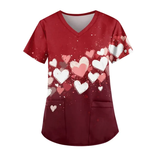 Women's Cute Printed Work Clothes V-neck Double Layer Pockets Basic Short - Image 12