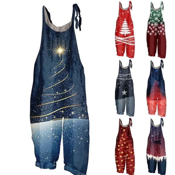 Women's Vintage Loose Christmas Casual Shoulder Strap Jumpsuit Print