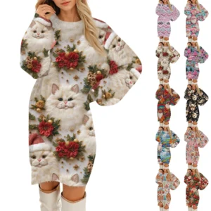 Women's Round Neck Casual Long Sleeve Plush Christmas Printed Dresses