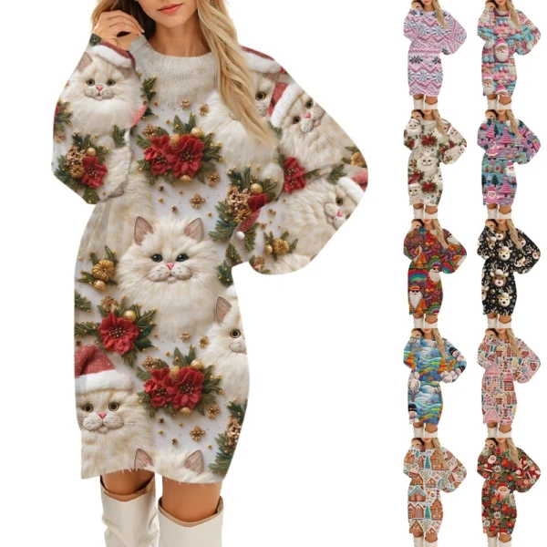 Women's Round Neck Casual Long Sleeve Plush Christmas Printed Dresses