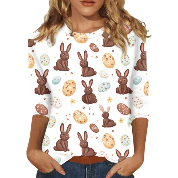 Women's Casual Round Neck Easter Egg Print Three-quarter Sleeve T-shirt Top - Image 4