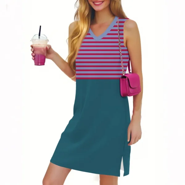 Women's Casual Fashion Sexy V-neck Sleeveless Striped Hem Slit Dress - Image 5