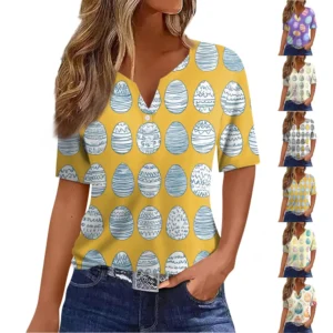 Women's T Shirt Print Button Short Sleeve Daily Weekend Fashion Basic V- Neck