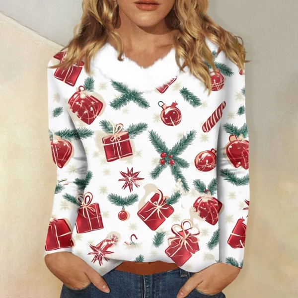 Women's Party Long Sleeve Shirt T Shirt V Neck Christmas Fleece Collar Top - Image 31