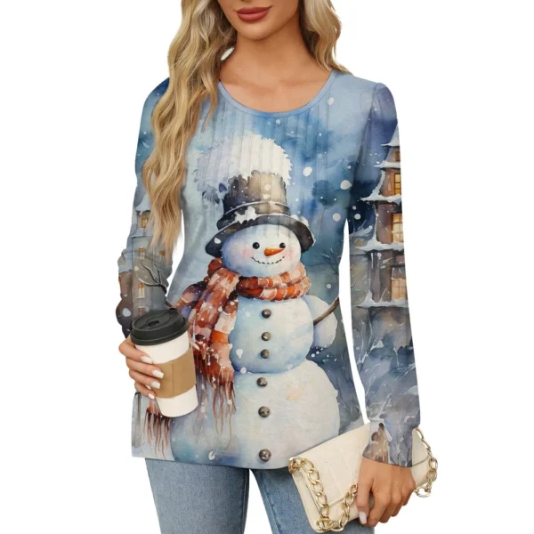 Women's Printed Christmas Top Round Neck Casual Pleated Long Sleeved T-Shirt - Image 28