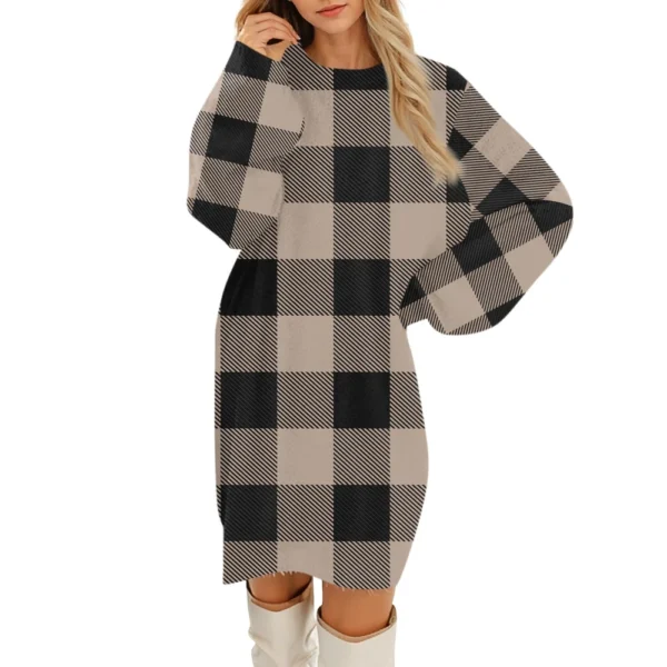 Women's Round Neck Casual Long Sleeve Plush Gradient Plaid Dresses - Image 6