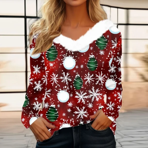 Women's V Neck Party Fleece Collar Top Shirt Christmas Long Sleeve T Shirt - Image 31