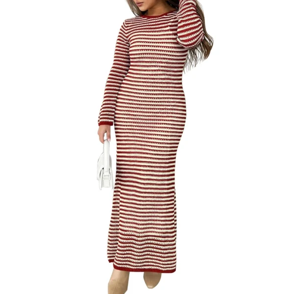 Women's Casual Striped Long Sleeved Sweater Dress, Mid Length Dress, Slim Fit - Image 23
