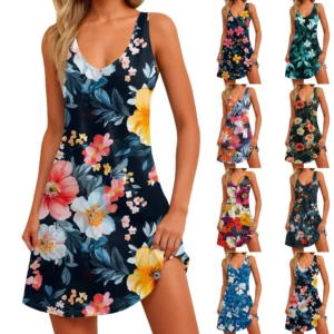 Women's Floral Print Dress, Vest, Skirt With Pockets, Beach Skirt, V-Neck Vest