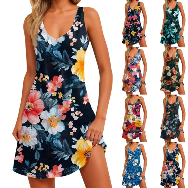 Women's Floral Print Dress, Vest, Skirt With Pockets, Beach Skirt, V-Neck Vest