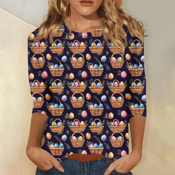 Women's Casual Round Neck Easter Egg Print Three-quarter Sleeve T-shirt Top - Image 19