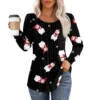 Women's Christmas Printed Top Round Neck Casual Pleated Long Sleeved T-Shirt - Image 8