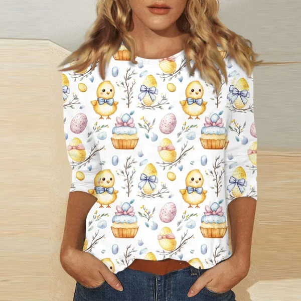 Women's Printed Easter Basic Tops Casual 3/4 Sleeve Fashion Plus Size Pullover - Image 13