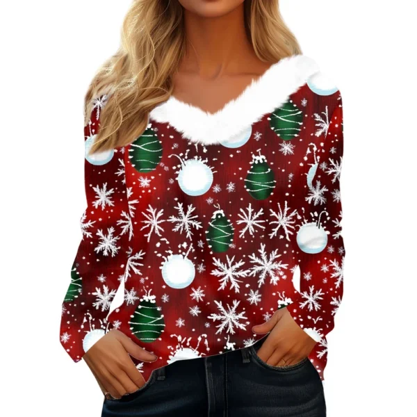 Women's V Neck Party Fleece Collar Top Shirt Christmas Long Sleeve T Shirt - Image 32