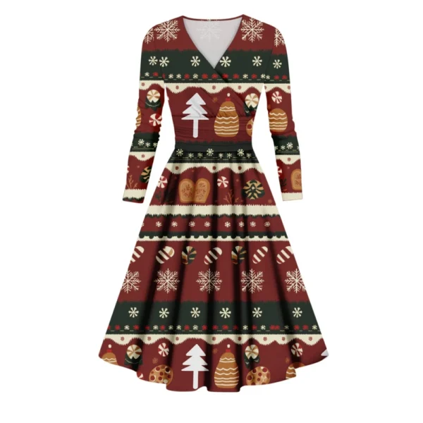 Women's Printed V-Neck Christmas Casual Fashion Long Sleeve Slim Dresses - Image 38