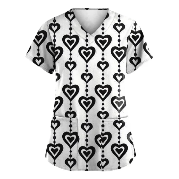 Women's Valentine's Day Printed  Uniform Work Uniform V-Neck Pocket Protective - Image 5