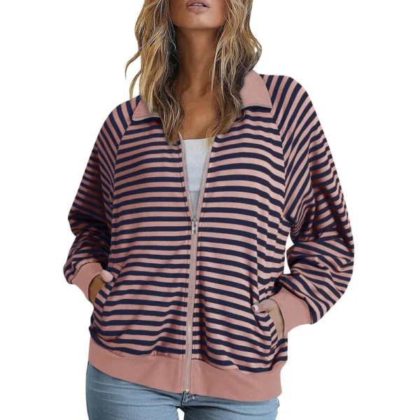 Women's Loose Casual Striped Lapel Cardigan Pocket Long Sleeved Jacket fall - Image 14