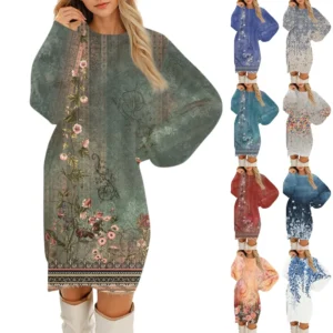 Women's Round Neck Casual Long Sleeve Plush Gradient Vintage Floral Print