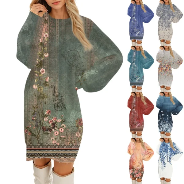 Women's Round Neck Casual Long Sleeve Plush Gradient Vintage Floral Print