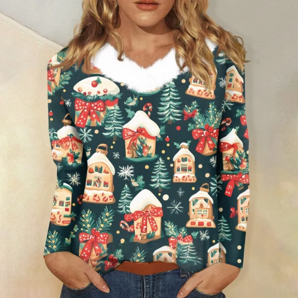 Women's Party Long Sleeve Shirt T Shirt V Neck Christmas Fleece Collar Top - Image 19
