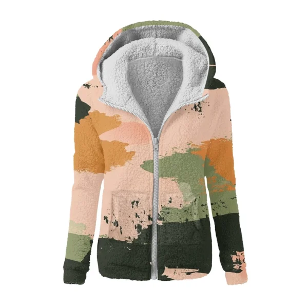 Women's Winter Camouflage Print Casual Fashion Plush Hooded Zipper Sweater - Image 37