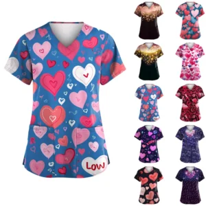 Women's Valentine's Day Printed  Uniform Work Uniform V-Neck Pocket Protective