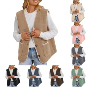 Women's Fuzzy Fleece Vest Sleeveless Colorblock Jacket Button Down Outerwear