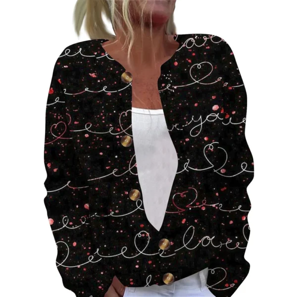 Women's Fashion Printed Valentine's Day Long Sleeved Knitted Cardigan Button - Image 4
