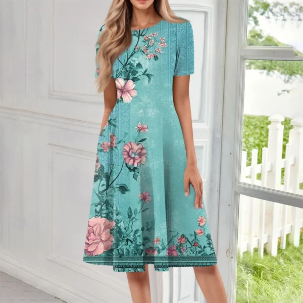 Women's Loose Casual And Fashionable Round Neck Short Sleeved Printed Mid - Image 16