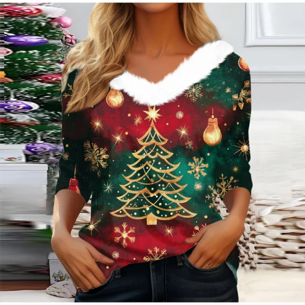 Women's V Neck Christmas Party Top Fleece Collar Shirt Long Sleeve T Shirt - Image 16
