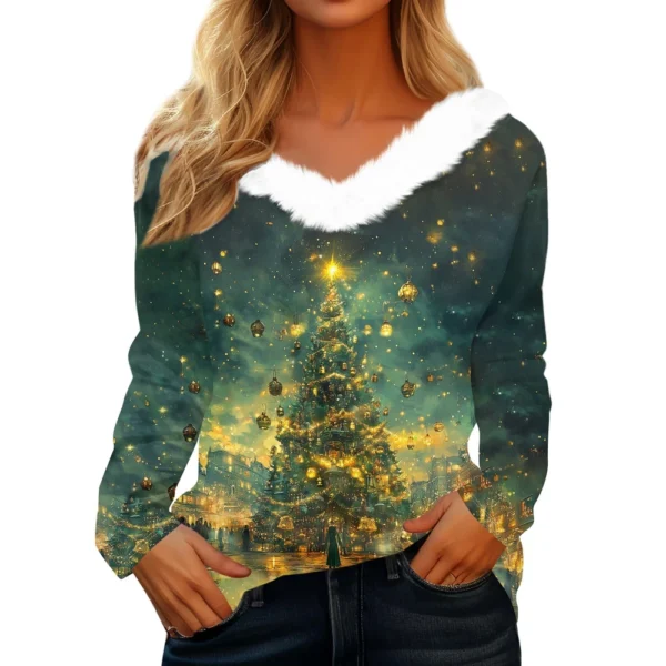 Women's Shirt V Neck Christmas Top Long Sleeve Party Fleece Collar T Shirt - Image 29