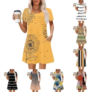 Women's Summer Casual Petal Slim Stripe Pleated Solid Color Dresses