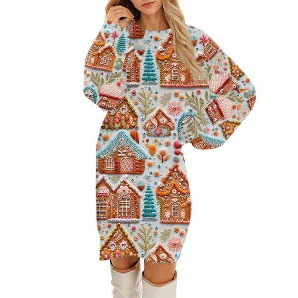 Women's Round Neck Casual Long Sleeve Plush Christmas Printed Dresses - Image 9