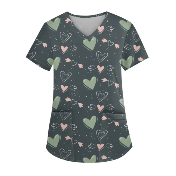 Women's Fashion V-neck Short Sleeve Workwear With Pockets Printed Tops - Image 22