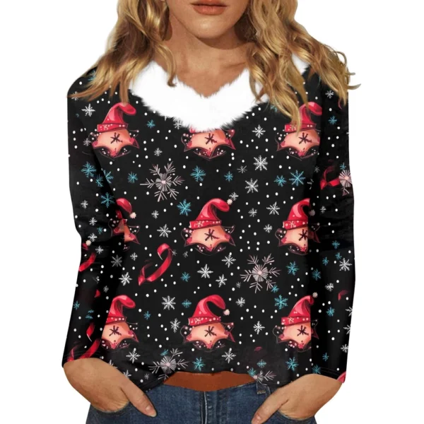 Women's Loose Casual Long Sleeved Christmas Printed Plush Collar V Neck Top, - Image 9