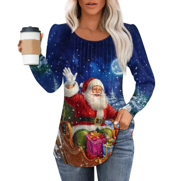 Women's Printed Christmas Top Round Neck Casual Pleated Long Sleeved T-Shirt - Image 7