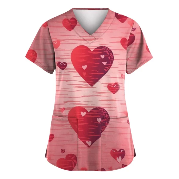Women's Valentine's Day Printed  Uniform Work Uniform V-Neck Pocket Protective - Image 6
