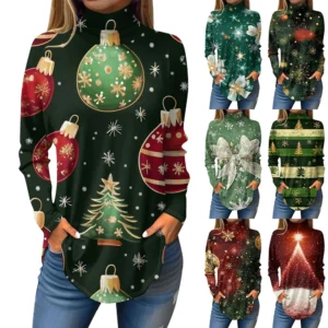 Women's Printed Christmas High Neck Pullover Long Sleeve Casual Fashion T-Shirt