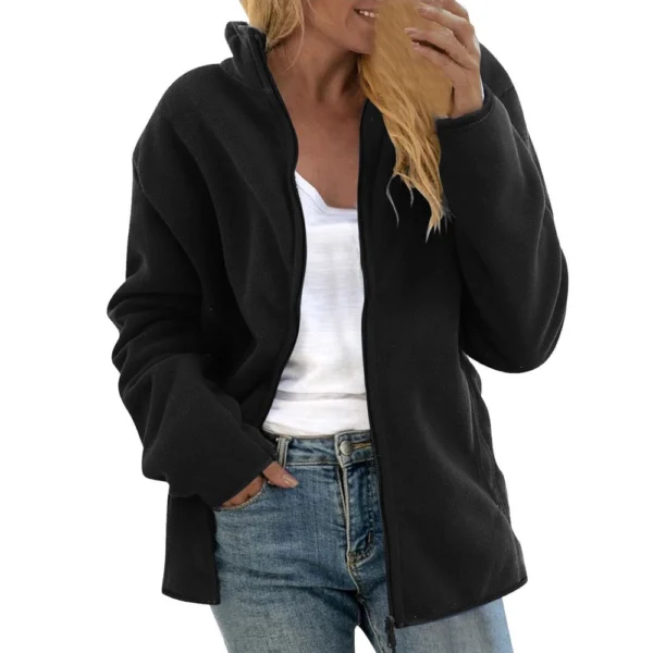 Women's Loose Casual Solid Color Lambswool Stand Up Collar Cardigan Jacket Long - Image 13