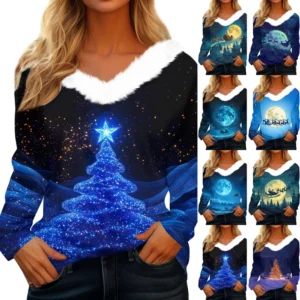 Women's V Neck Party Long Sleeve Top Christmas Shirt Fleece Collar T Shirt