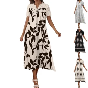 Women's Floral Print Short Sleeve V-Neck Casual Midi Dress