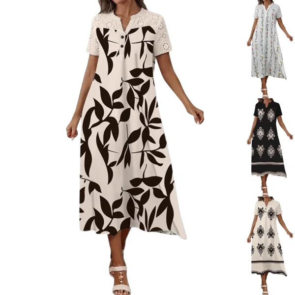Women's Floral Print Short Sleeve V-Neck Casual Midi Dress