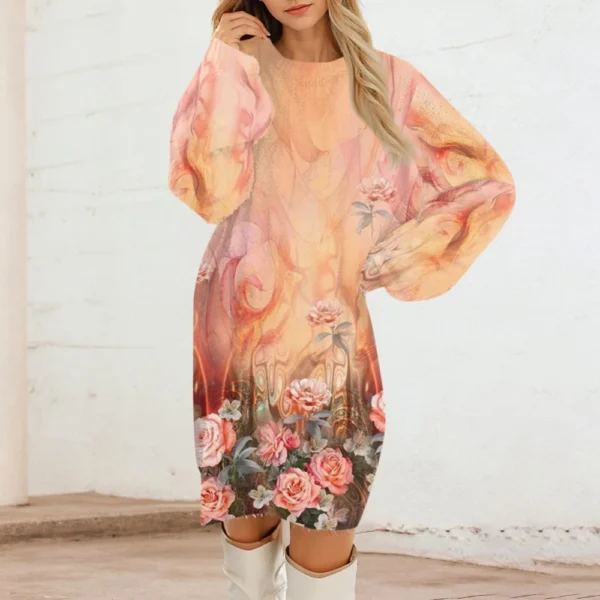 Women's Round Neck Casual Long Sleeve Plush Gradient Vintage Floral Print - Image 34